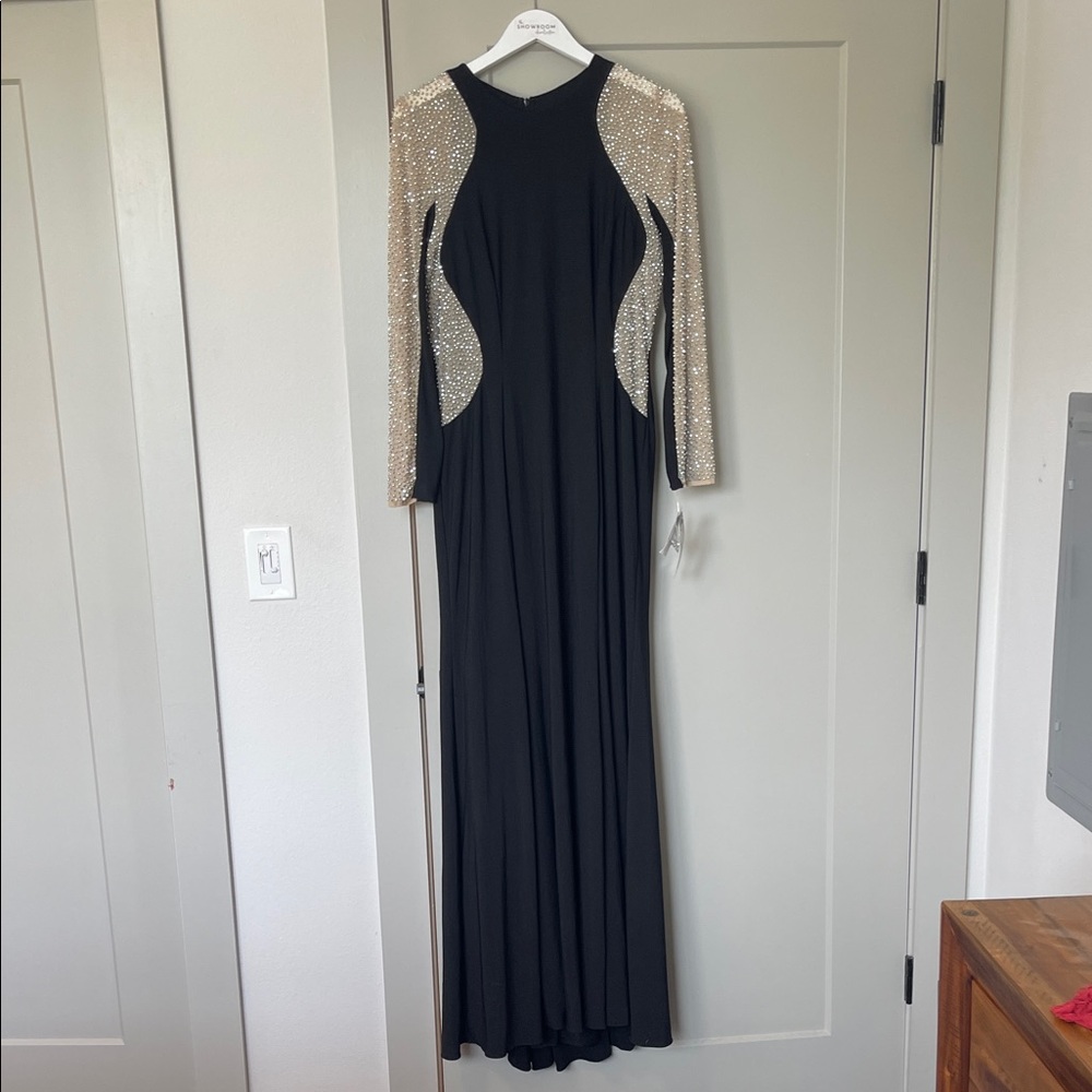 Xscape Black Dress with Gold Sequin Sleeves